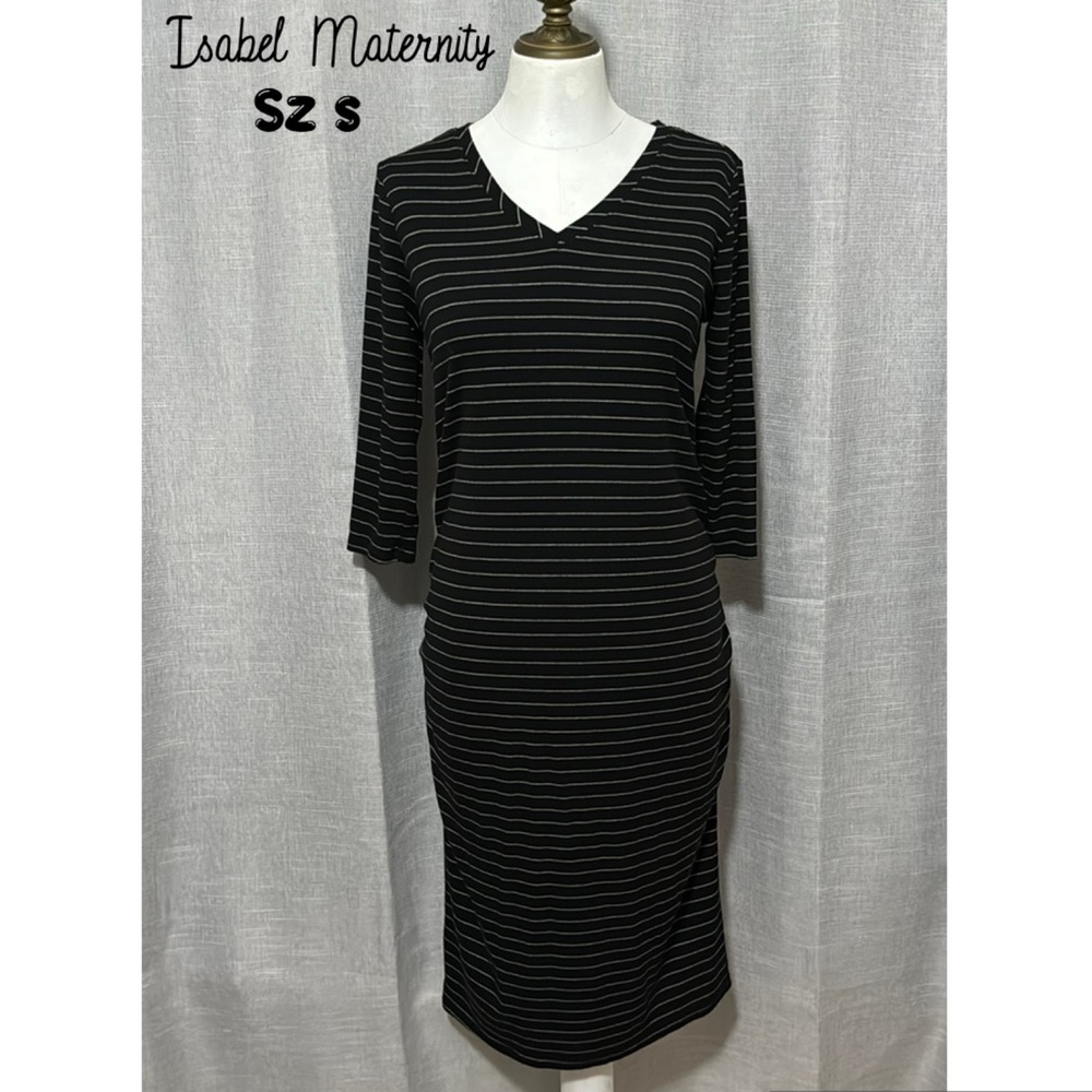 Isabel Maternity Dress-Sz S-Black/White Stripes-Poly Blend-Stretchy-V neck